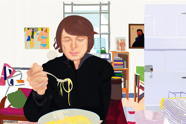 #930 Self portrait with fetuccine and wine 2015