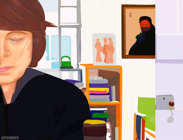 #930Z Self portrait with fetuccine and wine 2015