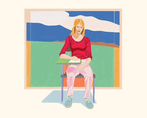 #1436D Figure seated in front of a large painting (composition and study after Wayne Thiebaud and Alex Katz) 2019